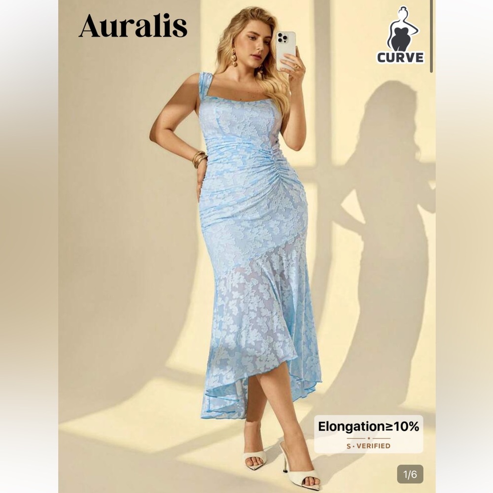 SHEIN Light Blue Floral Ruched Lace Slip Formal Wedding Guest Dress Size 0XL 🩵
